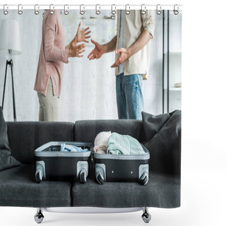 Personality  Cropped View Of Man And Woman Standing And Gesturing Near Suitcase With Clothes On Sofa  Shower Curtains