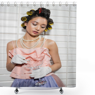 Personality  Asian Young Woman With Hair Curlers Standing In Pink Ruffled Top, Pearl Necklace And Gloves While Holding Cigarette And Glass Near White Tiles, Smoking Habit, Housewife  Shower Curtains