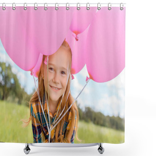 Personality  Portrait Of Cute Child With Pink Balloons Looking At Camera In Summer Field Shower Curtains