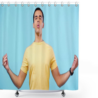 Personality  Young Man With Closed Eyes In Yellow T-shirt Meditating While Breathing Isolated On Blue Shower Curtains
