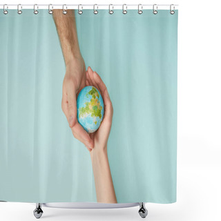 Personality  Top View Of Man And Woman Holding Planet Model On Turquoise Background, Earth Day Concept Shower Curtains