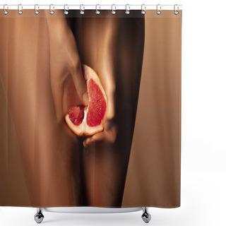 Personality  Cropped View Of Woman In Nylon Tights Squeezing Grapefruit Half Isolated On Brown Shower Curtains