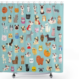 Personality  Vector Illustration Set Of Cute And Funny Cartoon Pet Characters. Different Breed Of Dogs And Cats In The Flat Style Shower Curtains