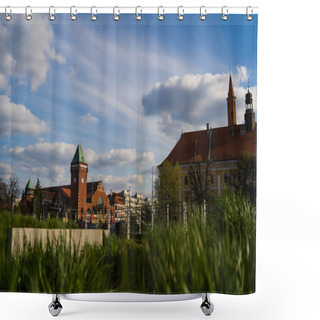 Personality  Buildings And Market Hall On Urban Street With Cloudy Sky At Background In Poland  Shower Curtains