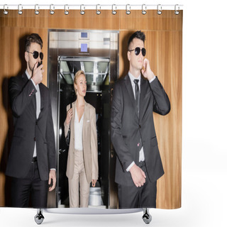 Personality  Personal Security And Protection Concept, Blonde And Successful Woman With Handbag Walking Out Of Elevator, Bodyguards In Suits And Sunglasses Protecting Her Privacy In Luxury Hotel  Shower Curtains