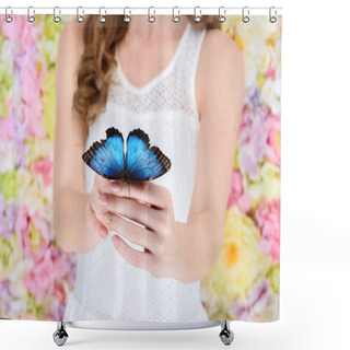 Personality  Cropped Shot Of Woman Holding Beautiful Blue Butterfly Shower Curtains