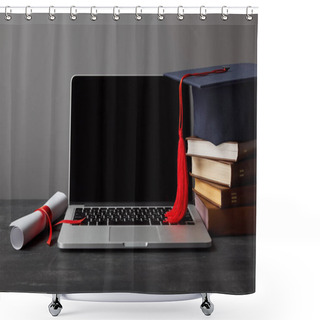 Personality  Laptop With Blank Screen, Diploma, Books And Academic Cap With Red Tassel Isolated On Grey Shower Curtains