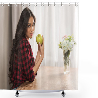 Personality  Beautiful Girl In Checkered Shirt Holding Green Apple And Looking At Camera At Home Shower Curtains
