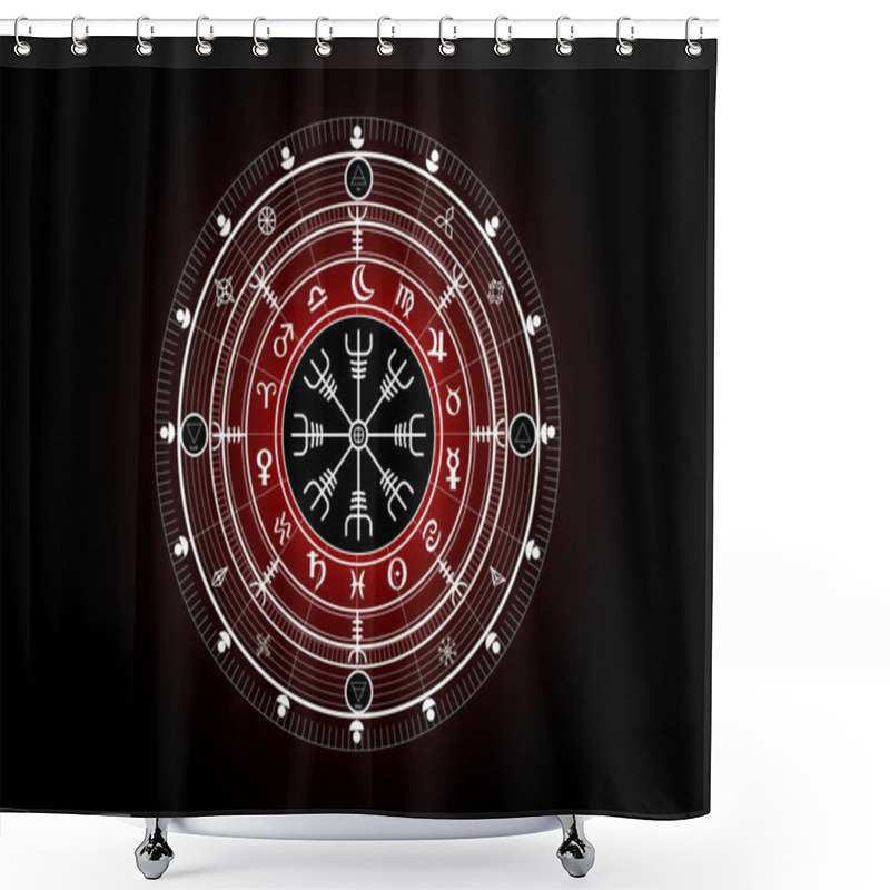 Personality  Wiccan symbol of protection. Vegvisir, The Viking Compass, Mystic Wicca divination. Ancient occult symbols, Earth Zodiac Wheel of the Year Wicca Astrological signs, vector isolated or black background shower curtains