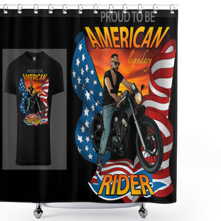 Personality  T-shirt Design American Rider With Motorcycle And American Flag On Red Sky - Colored Illustration Isolated On Black Background, Vector Shower Curtains
