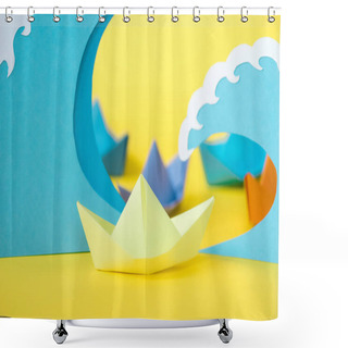 Personality  Selective Focus Of Paper Ship Near Waves On Yellow  Shower Curtains