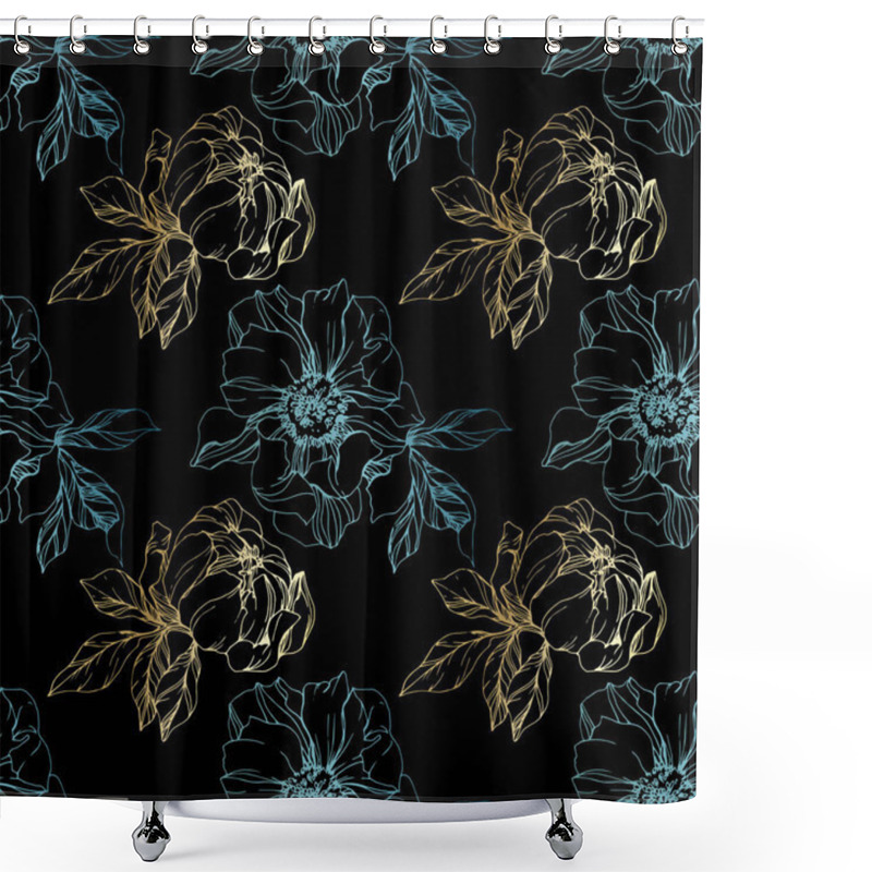 Personality  Vector Blue And Golden Isolated Peonies Sketch On Black Background. Engraved Ink Art. Seamless Background Pattern. Fabric Wallpaper Print Texture. Shower Curtains