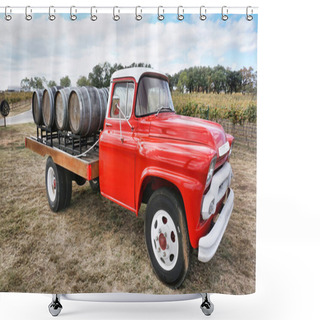Personality   Fredericksburg,Texas- Nov.12-2020  Slate Mill Wine Collective Winery In Texas Hill Country With 1950 GMC Wine Truck And Vineyards In The Background.                                Shower Curtains