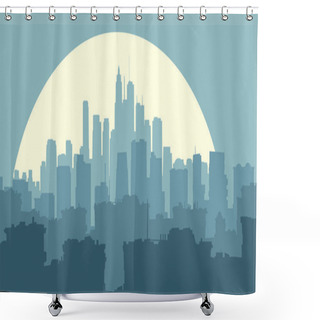 Personality  Vector Horizontal Illustration Of Big City And Skyscrapers With Moon In Blue Retro Style. Shower Curtains