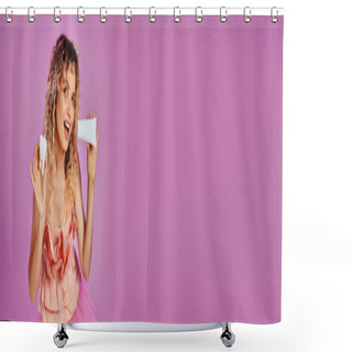 Personality  Joyful Pretty Tooth Fairy In Pink Costume And Headband With Tooth Paste And Baby Tooth, Banner Shower Curtains
