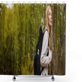 Personality  Side View Of Woman Tourist With Backpack At Footpath In Woodland Hiking At Autumn Forest, Banner Shower Curtains