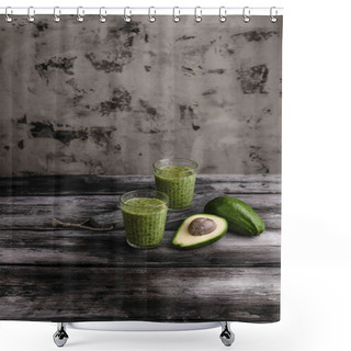 Personality  Organic Smoothie In Glasses By Cut Avocado On Wooden Background Shower Curtains