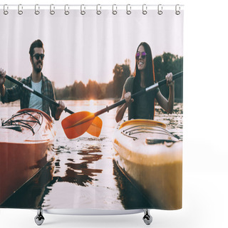 Personality  Beautiful Couple Kayaking On River Together Shower Curtains