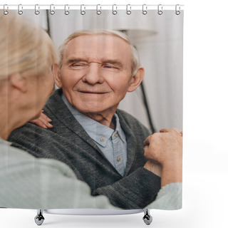 Personality  Selective Focus Of Smiling Pensioner Looking At Senior Wife At Home  Shower Curtains