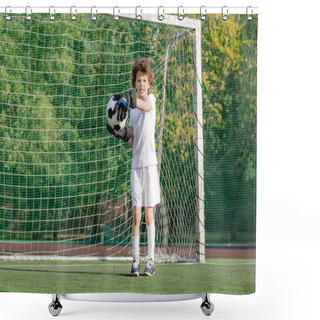 Personality  Boy In White Sportswear Running On Soccer Field. Young Footballer Dribble And Kick Football Ball In Game. Training, Active Lifestyle, Sport, Child Activity Concept. Selective Focus Shower Curtains