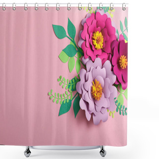 Personality  Top View Of Flowers And Paper Leaves On Pink Background Shower Curtains