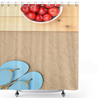 Personality  Slippers And Plums On Wood And Sand Shower Curtains
