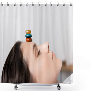Personality  Woman Lying With Closed Eyes With Colorful Stones On Forehead Shower Curtains