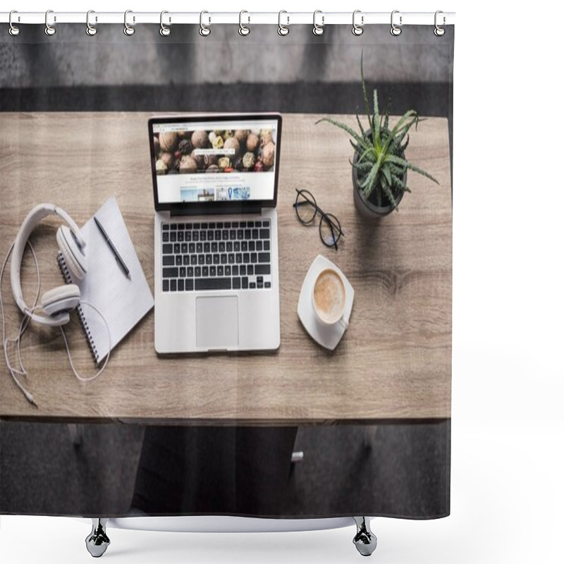 Personality  Top View Of Laptop Standing At Modern Workplace With Shutterstock Website On Screen Shower Curtains