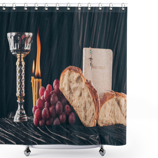 Personality  Bread, Bible, Chalice And Christian Cross On Black Table, Holy Communion Shower Curtains