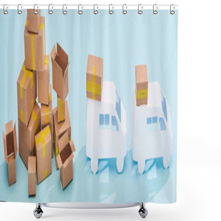 Personality  Panoramic Shot Of Pile Of Cardboard Boxes Near Mini Trucks On Blue Background Shower Curtains