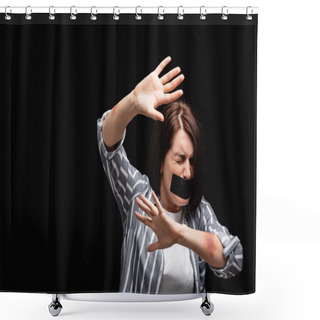 Personality  Scared Woman With Bruises And Adhesive Tape Showing Stop Gesture Isolated On Black  Shower Curtains
