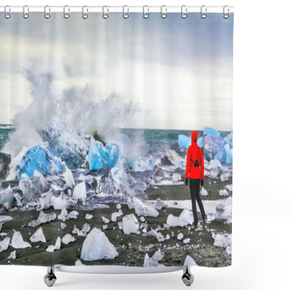 Personality  Woman Watching Waves Crash Against Icebergs At Jokulsarlon Glacial Lagoon, Iceland Shower Curtains