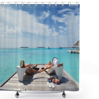 Personality  Happy Young Couple Have Fun On Beach Shower Curtains