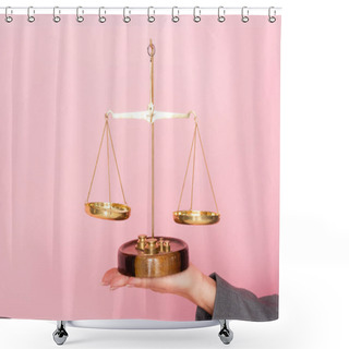 Personality  Cropped View Of Businesswoman Holding Golden Scales Isolated On Pink, Gender Equality Concept  Shower Curtains