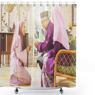 Personality  Senior Muslim Man Receiving Green Envelope From His Daughter During Eid Al-Fitr Shower Curtains