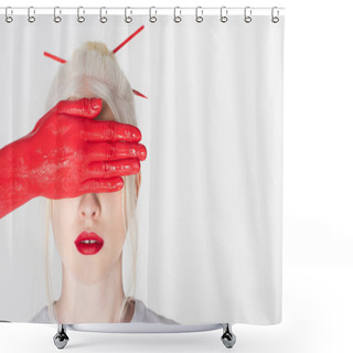 Personality  Woman With Paint On Hand Covering Face Of Blonde Model With Red Lips Isolated On White Shower Curtains