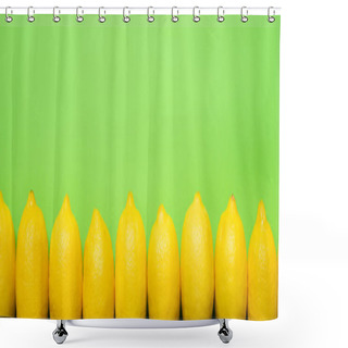 Personality  Top View Of Ripe Yellow Lemons On Green Background With Copy Space, Panoramic Crop Shower Curtains