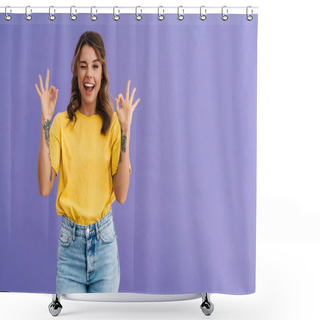 Personality  Portrait Of A Beautiful Excited Young Casual Woman Standing Isolated Over Blue Background, Showing Ok And Winking Shower Curtains