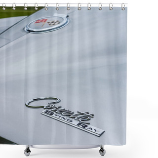 Personality  Emblem Of The Sports Car Chevrolet Corvette Sting Ray Coupe, Closeup. Shower Curtains