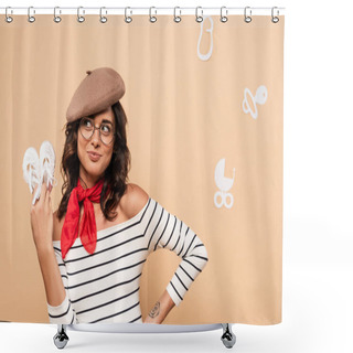 Personality  Pregnant French Woman In Beret Holding Shoes On Beige Background  Shower Curtains