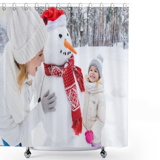 Personality  Happy Mother And Daughter Playing With Snowman In Winter Park Shower Curtains