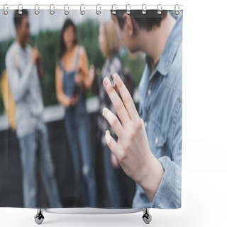 Personality  Selective Focus Of Teenager Smoking Cigarette With Friends On Roof  Shower Curtains