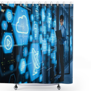 Personality  Shot Of A Asian IT Engineer Using Laptop In A Data Center Server Room. Futuristic Concept With Different Computer Illustrative Icons And Symbols In The Foreground. Shower Curtains