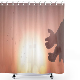Personality  Good Friday Concept: Silhouette Human Open Two Empty Hands With Palms Up And Birds Flying Over Blurred Cross Autumn Sunset Background. Shower Curtains