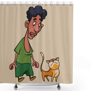 Personality  Cartoon Black Haired Man Looking With Surprise At Ginger Cat Shower Curtains