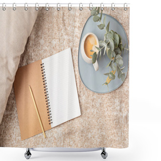 Personality  Mockup Of Notebook And Coffee Cup On Beige Plaid Background, With Copy Space For Text. Flat Lay, Top View Photo Mock Up. Shower Curtains