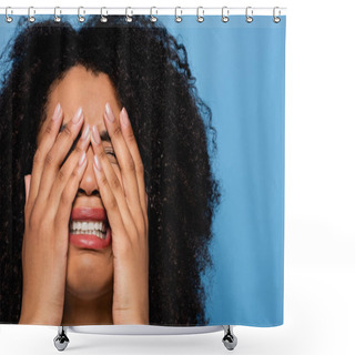 Personality  Upset African American Woman Obscuring Face With Hands While Crying Isolated On Blue Shower Curtains