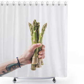 Personality  Hand Holding Green Asparagus Stalks Isolated On White Background Shower Curtains