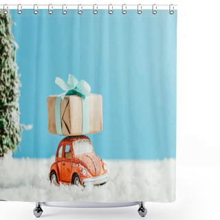 Personality  Close-up Shot Of Toy Car With Christmas Gift Box Riding By Snow Made Of Cotton On Blue Background Shower Curtains