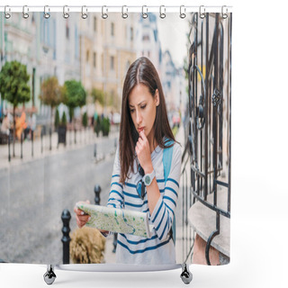 Personality  Pensive Traveler Looking At Map And Touching Face While Thinking On Street  Shower Curtains